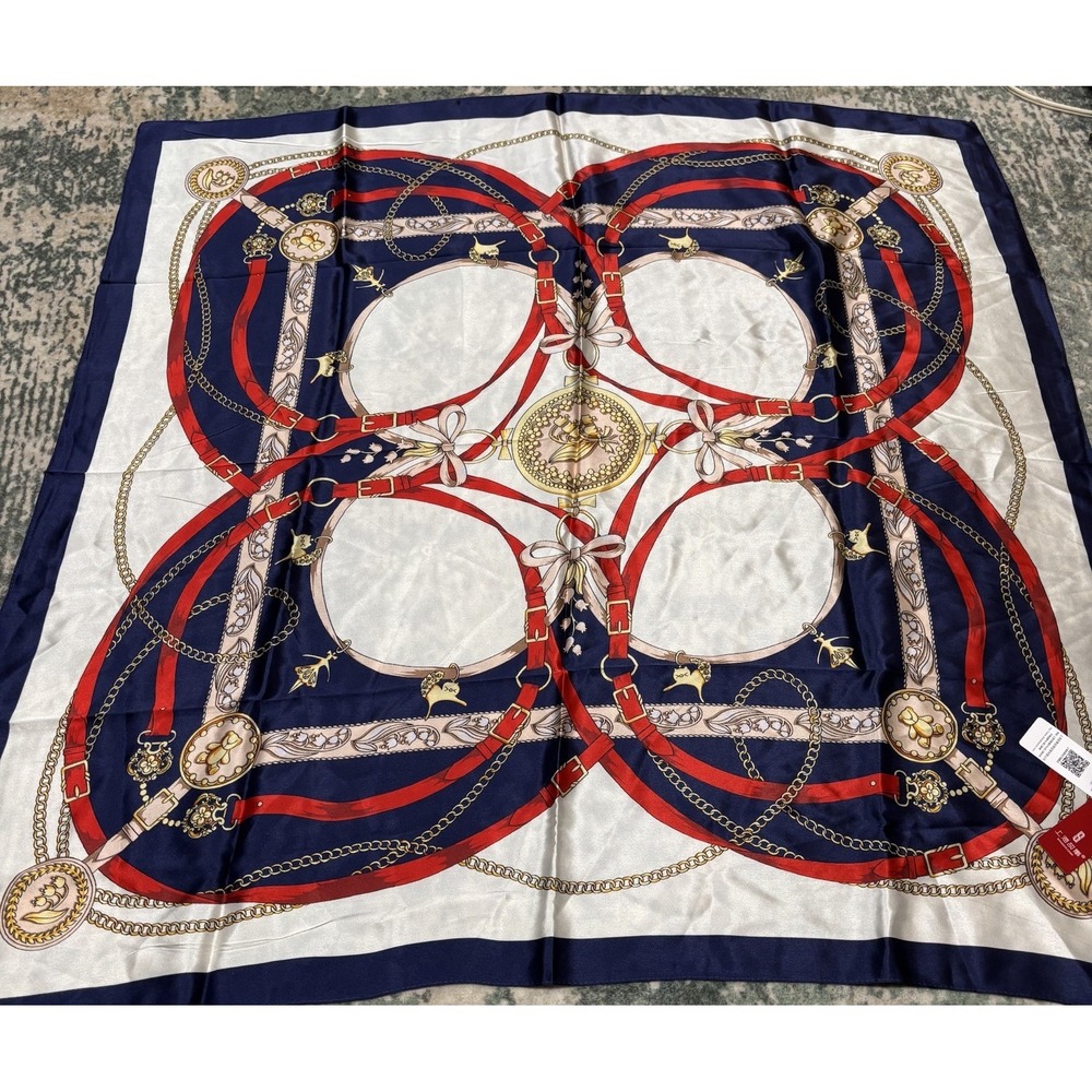 Shanghai Story 100% Mulberry Silk Scarf NWT 35" Equestrian Chain Square Navy Red
